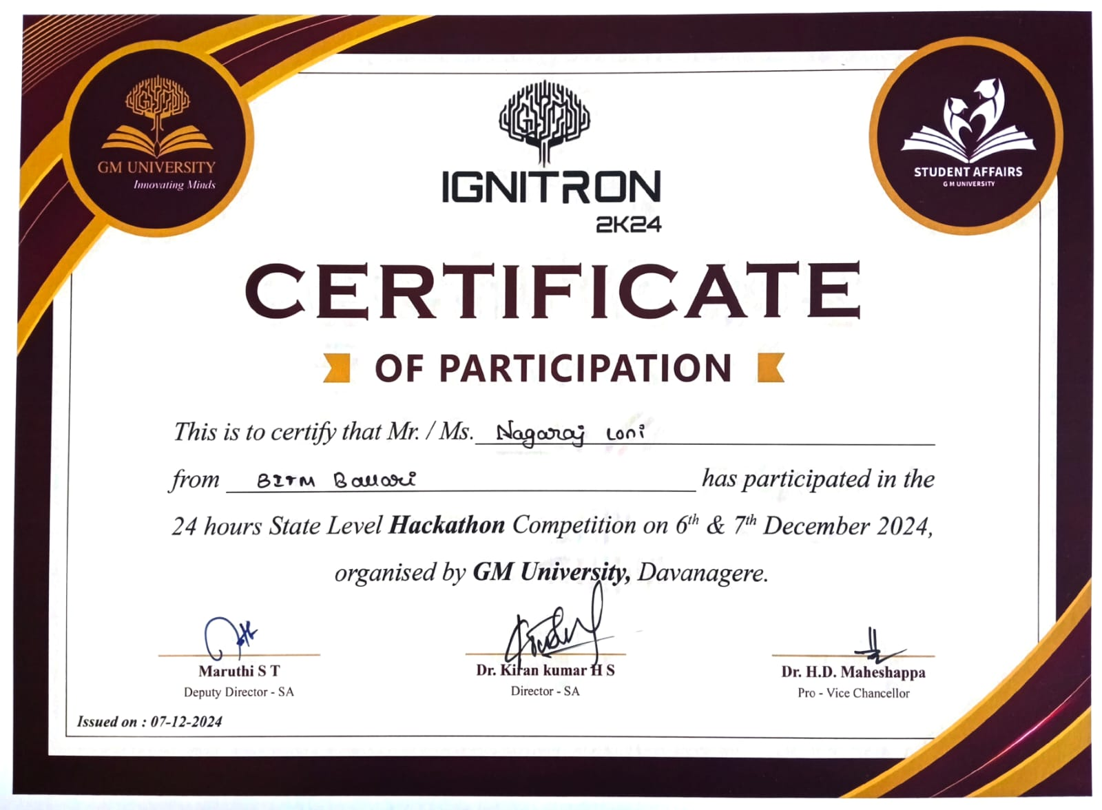 Ignitron 2K24 hackathon certificate